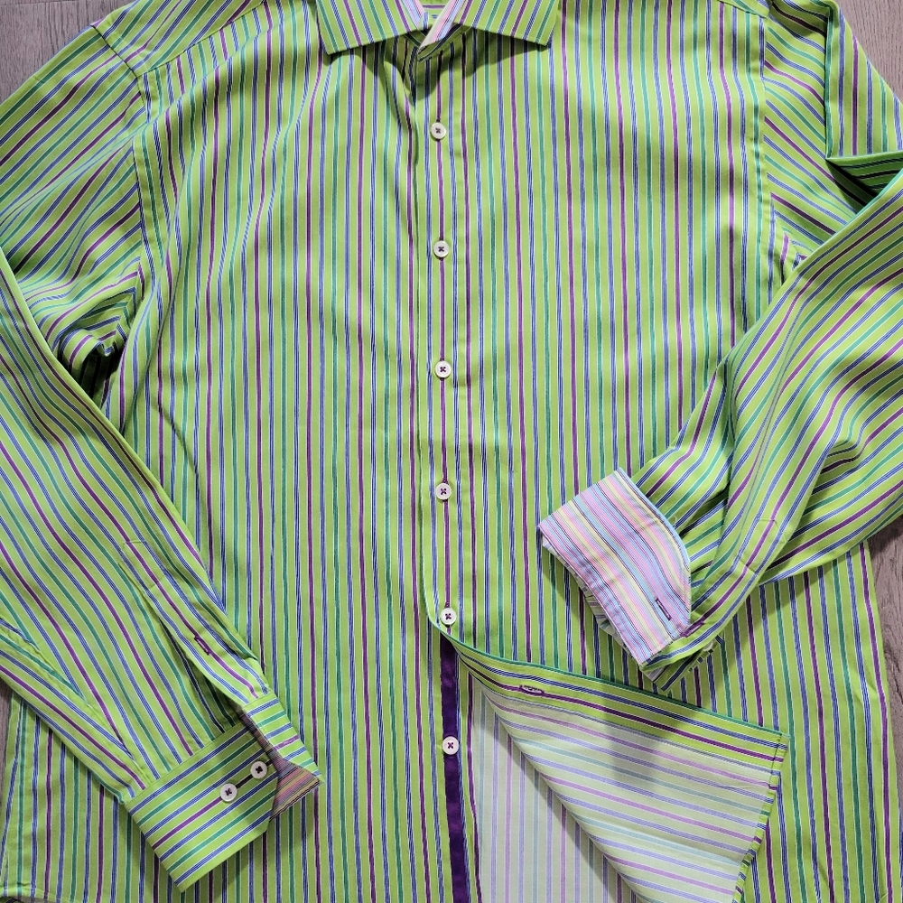 Bugatchi Uomo Green Multicolor Striped Long Sleeve Business Casual Shirt Men XL